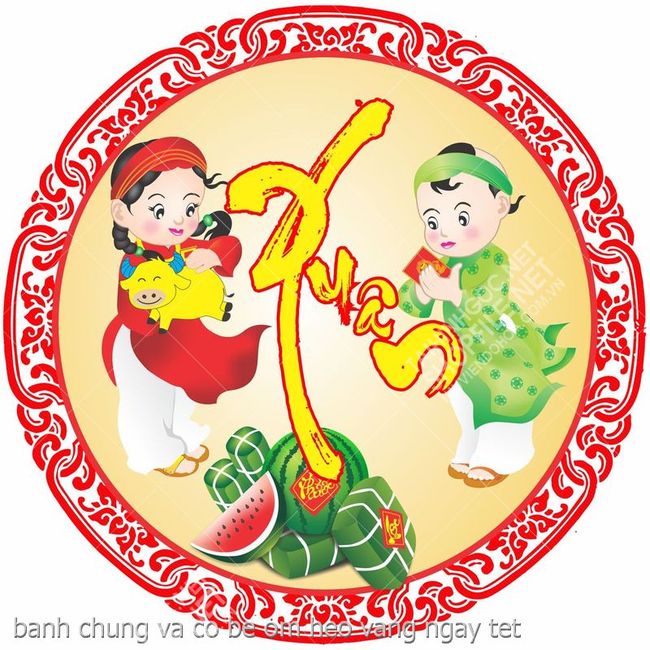 banh chung va co be om heo vang ngay tet